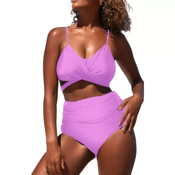 SuperPrity Womens High Waisted Bikini Sets Criss Cross Ruched Two Pieces Push Up SwimsuitsBright Purple