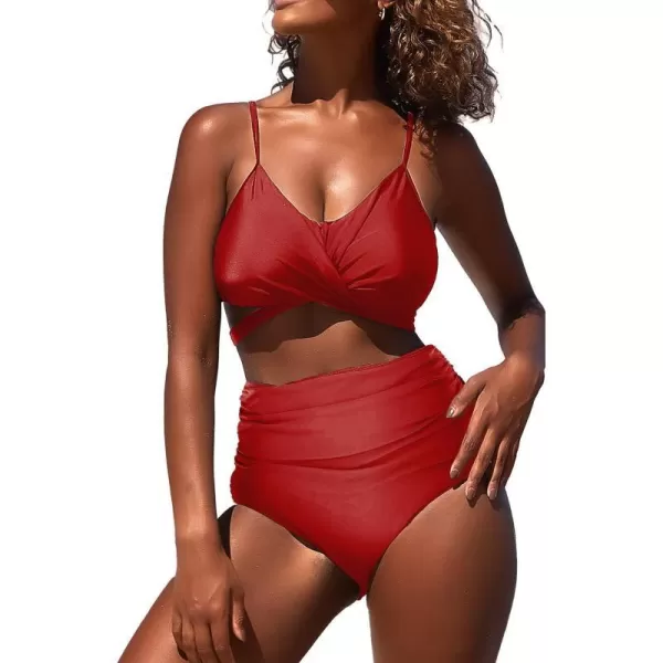 SuperPrity Womens High Waisted Bikini Sets Criss Cross Ruched Two Pieces Push Up SwimsuitsRed