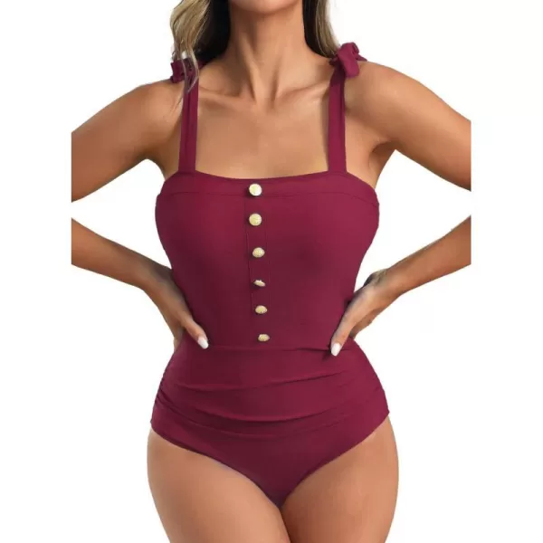 SuperPrity Womens One Piece Swimsuits Button Tie Shoulder Square Neck Cutout Tummy Control Bathing SuitAvailable in PlusShinny Wine Red