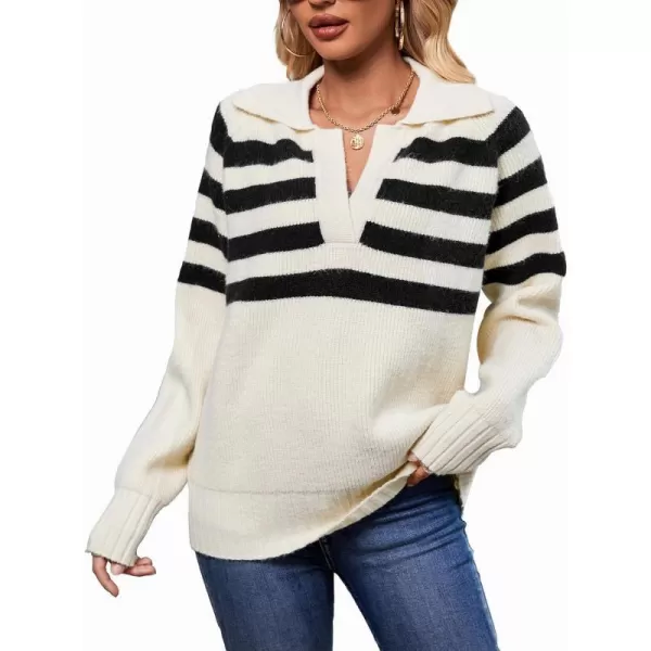 SuperPrity Womens Oversized Sweaters Long Sleeve V Neck Collared Pullover Sweater Striped Casual Fall Winter Knit TopsApricot Stripe