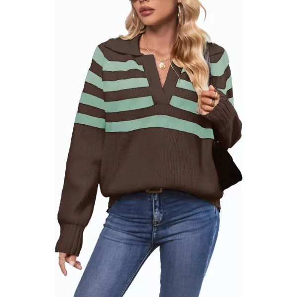 SuperPrity Womens Oversized Sweaters Long Sleeve V Neck Collared Pullover Sweater Striped Casual Fall Winter Knit TopsBrown Stripe