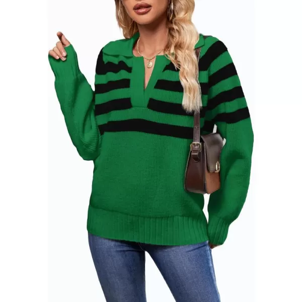 SuperPrity Womens Oversized Sweaters Long Sleeve V Neck Collared Pullover Sweater Striped Casual Fall Winter Knit TopsGreen Stripe