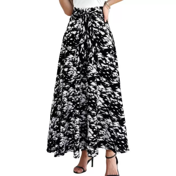 SuperPrity Womens Skirts High Waisted Tie Knot Front Pleated Swing Formal A Line Maxi Skirt with Zip BackBlack White