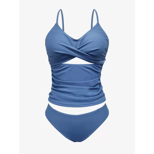 SouqFone Tankini Bathing Suits for Women Two Piece V Neck Cutout Swimsuits Criss Cross Tie Back SwimwearBriefs 01blue