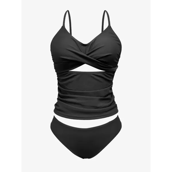 SouqFone Tankini Bathing Suits for Women Two Piece V Neck Cutout Swimsuits Criss Cross Tie Back SwimwearBriefs 02black