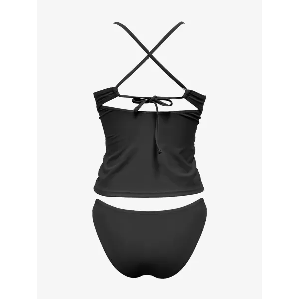 SouqFone Tankini Bathing Suits for Women Two Piece V Neck Cutout Swimsuits Criss Cross Tie Back SwimwearBriefs 02black