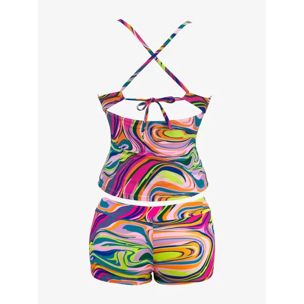 SouqFone Tankini Bathing Suits for Women Two Piece V Neck Cutout Swimsuits Criss Cross Tie Back SwimwearShorts 04pink Multicolor