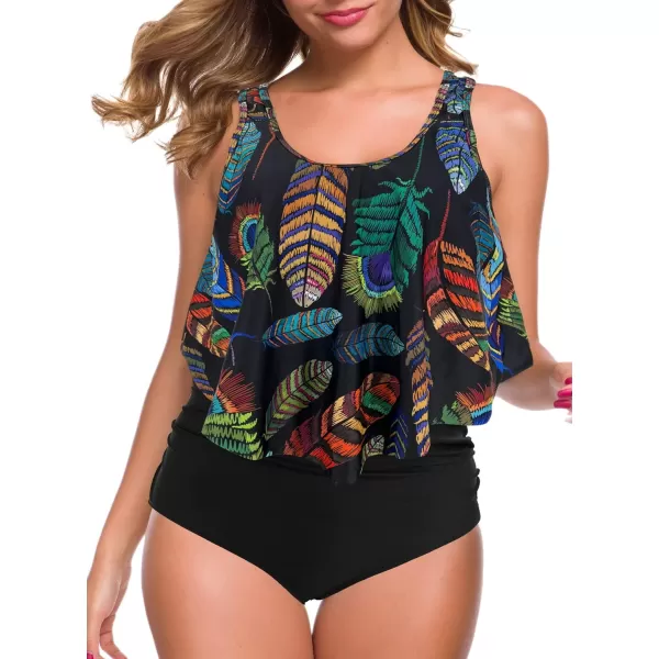SuperPrity Swimsuits for Women Two Piece Bathing Suits Ruffled Flounce Top High Waisted Bikini SetAvailable in Plus Size02peacock Feather