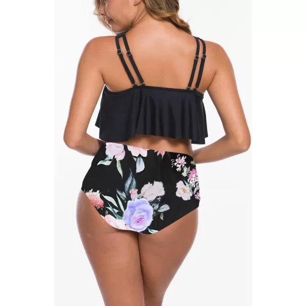 SuperPrity Swimsuits for Women Two Piece Bathing Suits Ruffled Flounce Top High Waisted Bikini SetAvailable in Plus Size06black Floral