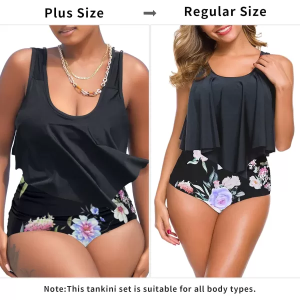 SuperPrity Swimsuits for Women Two Piece Bathing Suits Ruffled Flounce Top High Waisted Bikini SetAvailable in Plus Size06black Floral