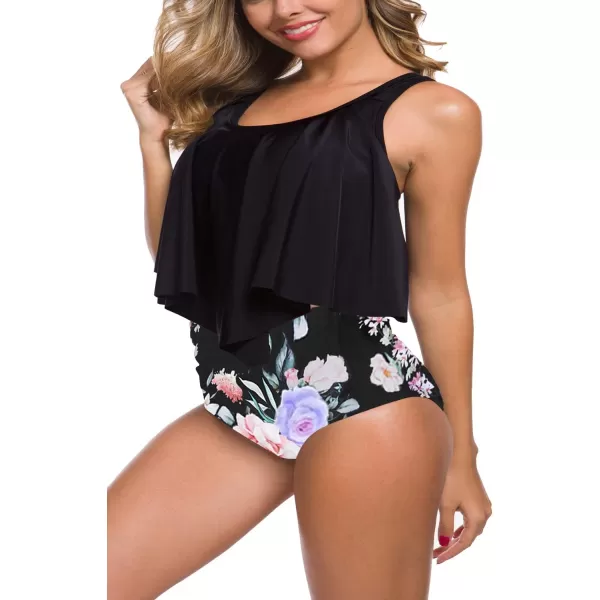 SuperPrity Swimsuits for Women Two Piece Bathing Suits Ruffled Flounce Top High Waisted Bikini SetAvailable in Plus Size06black Floral