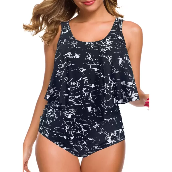 SuperPrity Swimsuits for Women Two Piece Bathing Suits Ruffled Flounce Top High Waisted Bikini SetAvailable in Plus Size11black Marble