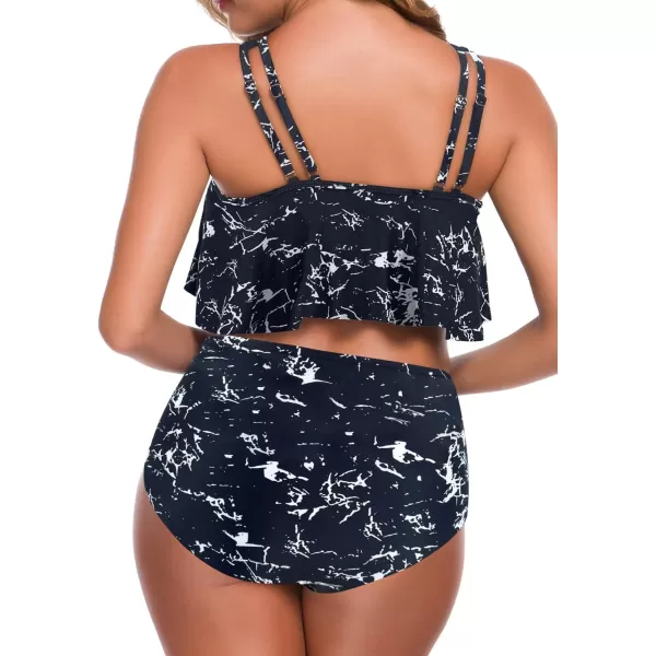 SuperPrity Swimsuits for Women Two Piece Bathing Suits Ruffled Flounce Top High Waisted Bikini SetAvailable in Plus Size11black Marble