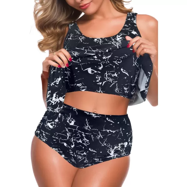 SuperPrity Swimsuits for Women Two Piece Bathing Suits Ruffled Flounce Top High Waisted Bikini SetAvailable in Plus Size11black Marble