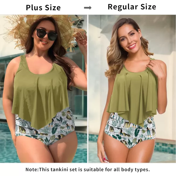 SuperPrity Swimsuits for Women Two Piece Bathing Suits Ruffled Flounce Top High Waisted Bikini SetAvailable in Plus Size19avocado Green Animal