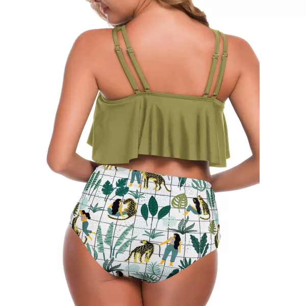 SuperPrity Swimsuits for Women Two Piece Bathing Suits Ruffled Flounce Top High Waisted Bikini SetAvailable in Plus Size19avocado Green Animal