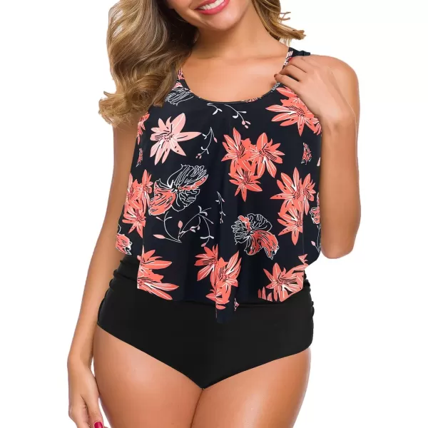 SuperPrity Swimsuits for Women Two Piece Bathing Suits Ruffled Flounce Top High Waisted Bikini SetAvailable in Plus SizeBlack Floral