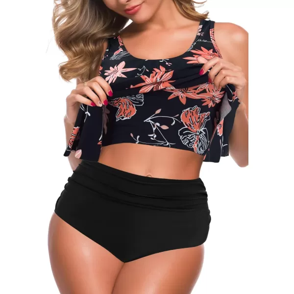 SuperPrity Swimsuits for Women Two Piece Bathing Suits Ruffled Flounce Top High Waisted Bikini SetAvailable in Plus SizeBlack Floral