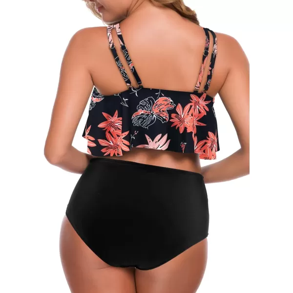 SuperPrity Swimsuits for Women Two Piece Bathing Suits Ruffled Flounce Top High Waisted Bikini SetAvailable in Plus SizeBlack Floral