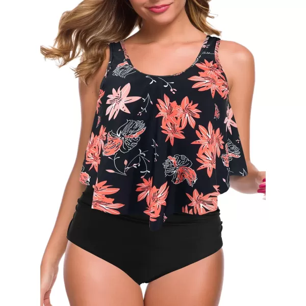 SuperPrity Swimsuits for Women Two Piece Bathing Suits Ruffled Flounce Top High Waisted Bikini SetAvailable in Plus SizeBlack Floral