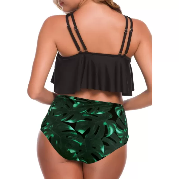 SuperPrity Swimsuits for Women Two Piece Bathing Suits Ruffled Flounce Top High Waisted Bikini SetAvailable in Plus SizeBlack Leaf02