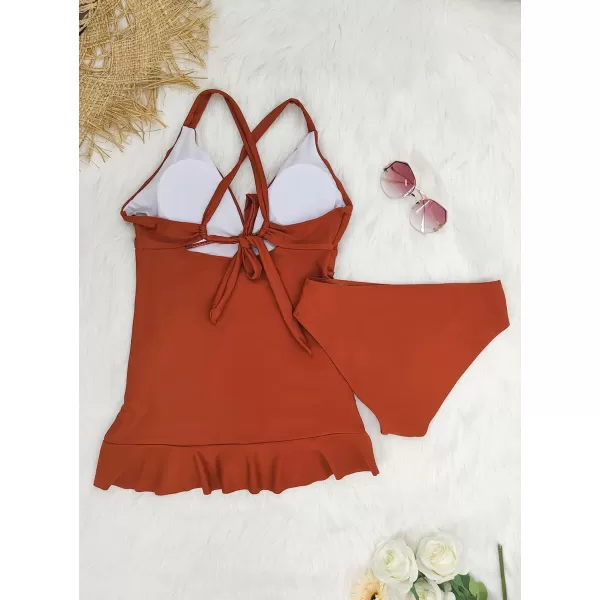 SuperPrity Women Two Piece Tankini Swimsuit Tummy Control V Neck Ruffled Criss Cross Back Tie Bathing Suit with ShortsBrown