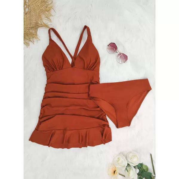 SuperPrity Women Two Piece Tankini Swimsuit Tummy Control V Neck Ruffled Criss Cross Back Tie Bathing Suit with ShortsBrown