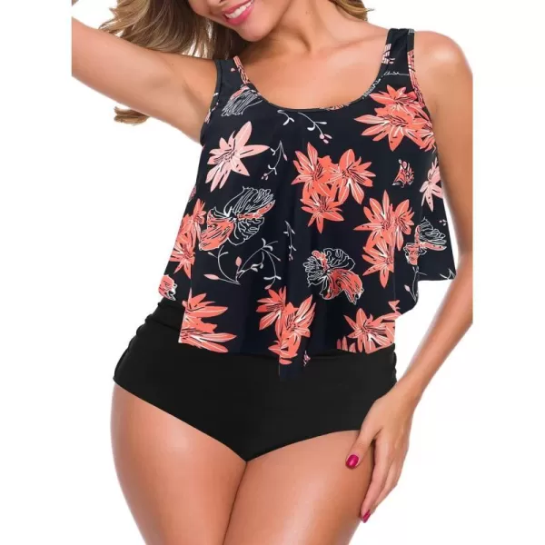 SuperPrity Swimsuits for Women Two Piece Bathing Suits Ruffled Flounce Top High Waisted Bikini SetAvailable in Plus SizeBlack Floral