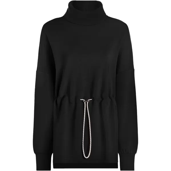 SuperPrity Womens Long Sleeve Sweatshirts Turtleneck Loose Fit Pullover Tops Drawstring Waist Slit Hoodies 2024 Fall ClothesBlack