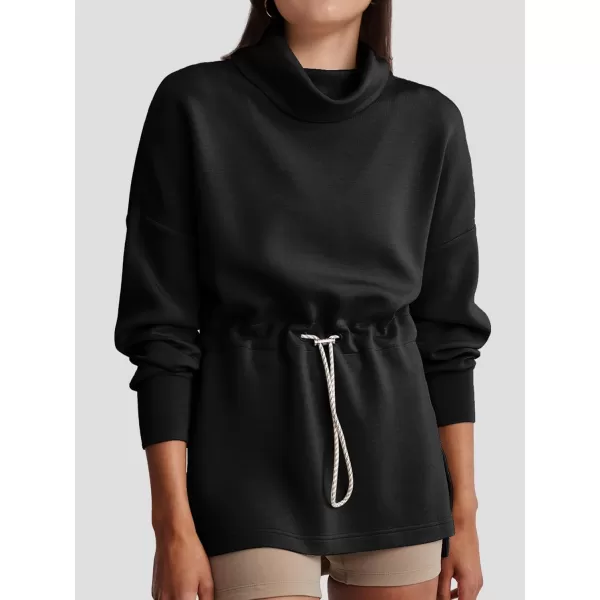 SuperPrity Womens Long Sleeve Sweatshirts Turtleneck Loose Fit Pullover Tops Drawstring Waist Slit Hoodies 2024 Fall ClothesBlack