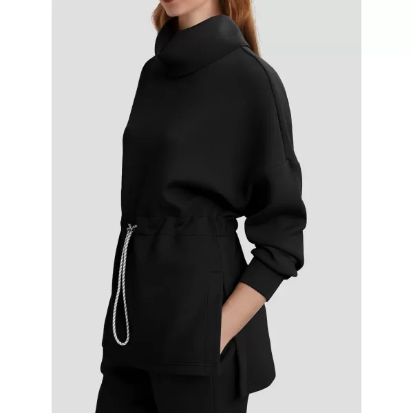 SuperPrity Womens Long Sleeve Sweatshirts Turtleneck Loose Fit Pullover Tops Drawstring Waist Slit Hoodies 2024 Fall ClothesBlack