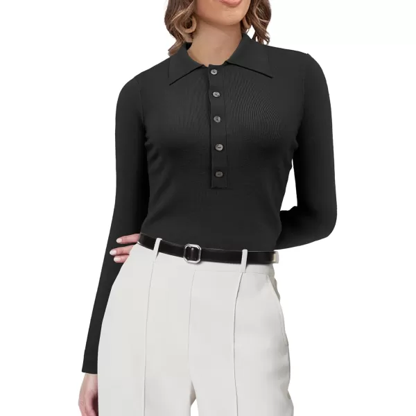 SuperPrity Long Sleeve Shirts for Women 2024 Fall Fashion V Neck Button Polo Sweaters Stretch Slim Fitted Knit Basic Tee TopsBlack