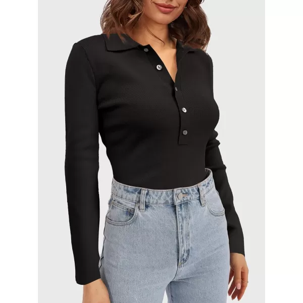 SuperPrity Long Sleeve Shirts for Women 2024 Fall Fashion V Neck Button Polo Sweaters Stretch Slim Fitted Knit Basic Tee TopsBlack