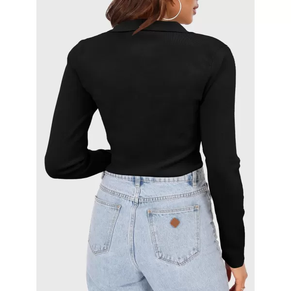 SuperPrity Long Sleeve Shirts for Women 2024 Fall Fashion V Neck Button Polo Sweaters Stretch Slim Fitted Knit Basic Tee TopsBlack
