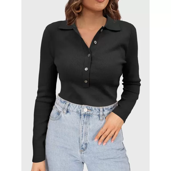 SuperPrity Long Sleeve Shirts for Women 2024 Fall Fashion V Neck Button Polo Sweaters Stretch Slim Fitted Knit Basic Tee TopsBlack