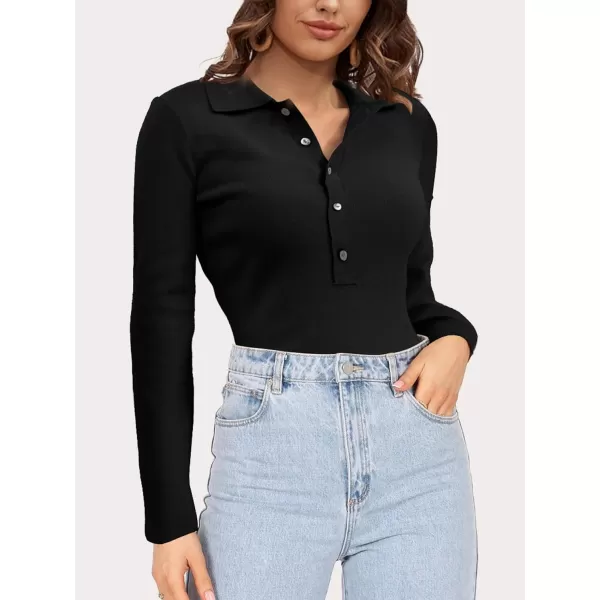 SuperPrity Long Sleeve Shirts for Women 2024 Fall Fashion V Neck Button Polo Sweaters Stretch Slim Fitted Knit Basic Tee TopsBlack