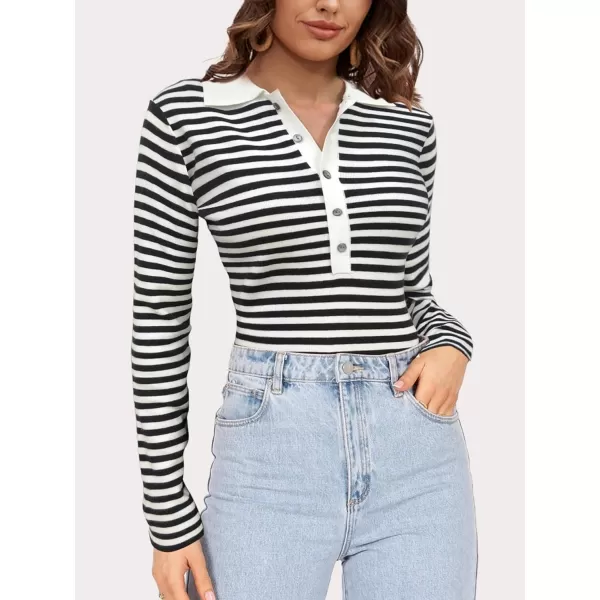 SuperPrity Long Sleeve Shirts for Women 2024 Fall Fashion V Neck Button Polo Sweaters Stretch Slim Fitted Knit Basic Tee TopsBlack White Stripe