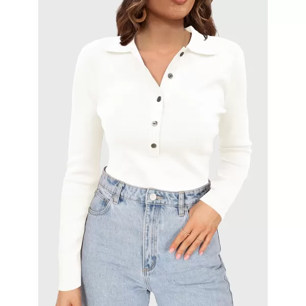SuperPrity Long Sleeve Shirts for Women 2024 Fall Fashion V Neck Button Polo Sweaters Stretch Slim Fitted Knit Basic Tee TopsWhite