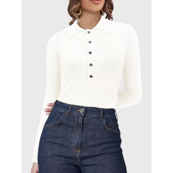 SuperPrity Long Sleeve Shirts for Women 2024 Fall Fashion V Neck Button Polo Sweaters Stretch Slim Fitted Knit Basic Tee TopsWhite
