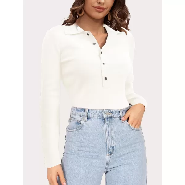 SuperPrity Long Sleeve Shirts for Women 2024 Fall Fashion V Neck Button Polo Sweaters Stretch Slim Fitted Knit Basic Tee TopsWhite