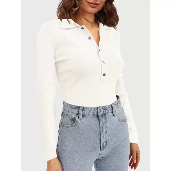 SuperPrity Long Sleeve Shirts for Women 2024 Fall Fashion V Neck Button Polo Sweaters Stretch Slim Fitted Knit Basic Tee TopsWhite