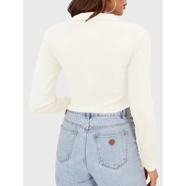 SuperPrity Long Sleeve Shirts for Women 2024 Fall Fashion V Neck Button Polo Sweaters Stretch Slim Fitted Knit Basic Tee TopsWhite