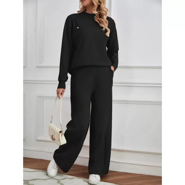 SuperPrity Lounge Sets for Women Two Piece Outfits Knit Sweater Top Wide Leg Pants Matching Sets Sweatsuits 2024 Fall FashionBlack