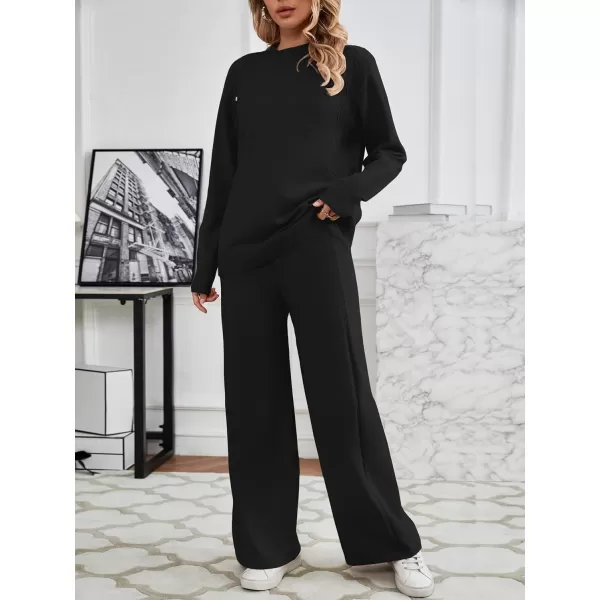 SuperPrity Lounge Sets for Women Two Piece Outfits Knit Sweater Top Wide Leg Pants Matching Sets Sweatsuits 2024 Fall FashionBlack