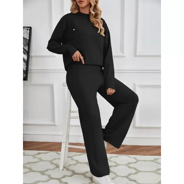 SuperPrity Lounge Sets for Women Two Piece Outfits Knit Sweater Top Wide Leg Pants Matching Sets Sweatsuits 2024 Fall FashionBlack