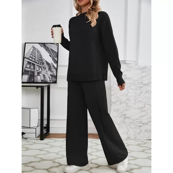 SuperPrity Lounge Sets for Women Two Piece Outfits Knit Sweater Top Wide Leg Pants Matching Sets Sweatsuits 2024 Fall FashionBlack