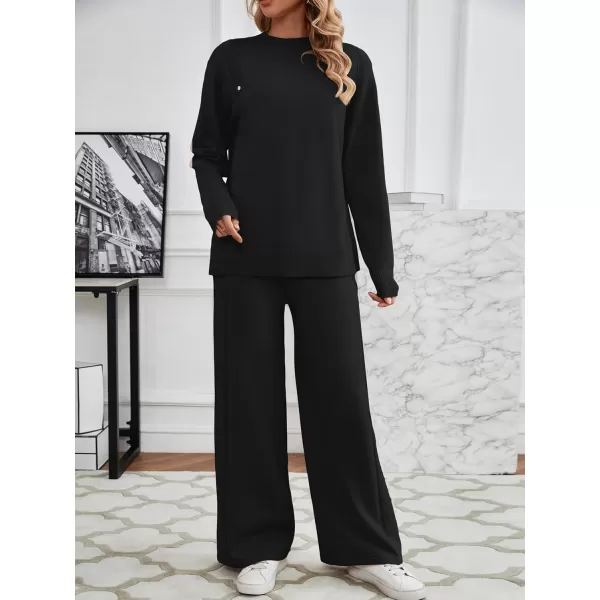 SuperPrity Lounge Sets for Women Two Piece Outfits Knit Sweater Top Wide Leg Pants Matching Sets Sweatsuits 2024 Fall FashionBlack