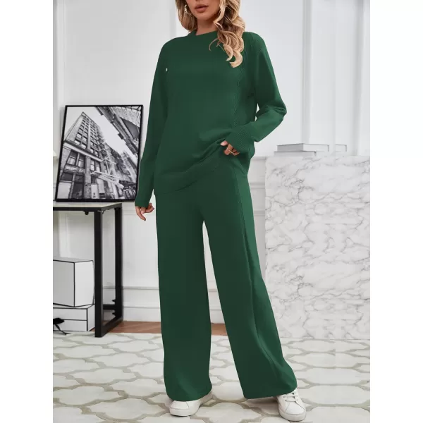 SuperPrity Lounge Sets for Women Two Piece Outfits Knit Sweater Top Wide Leg Pants Matching Sets Sweatsuits 2024 Fall FashionDark Green