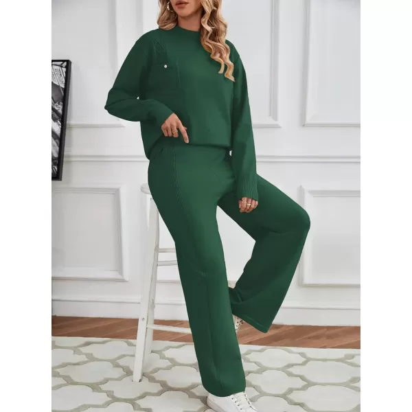 SuperPrity Lounge Sets for Women Two Piece Outfits Knit Sweater Top Wide Leg Pants Matching Sets Sweatsuits 2024 Fall FashionDark Green