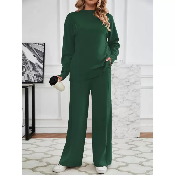 SuperPrity Lounge Sets for Women Two Piece Outfits Knit Sweater Top Wide Leg Pants Matching Sets Sweatsuits 2024 Fall FashionDark Green
